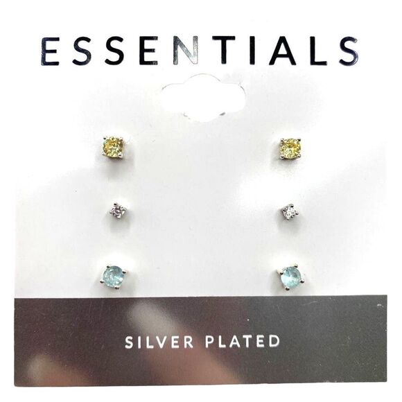 Essentials Set Colored Crystals Stud Earrings in Silver Plated Multicolor Clear - Picture 1 of 6